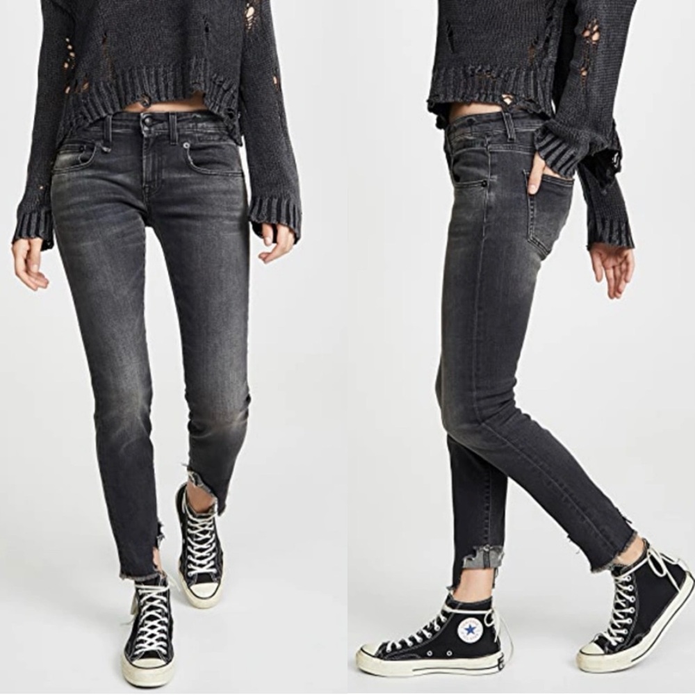 R13 Boy Skinny Gino Black Distressed Raw Half Down Cuff Jeans - 27